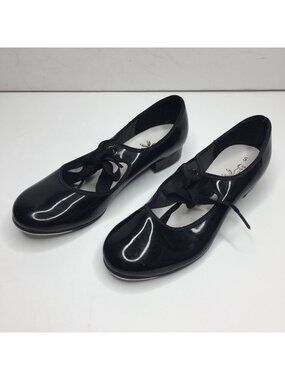 Vintage Spotlights Girls Black Mary Jane Patent Tap Dance Shoes Tie Close Size 5